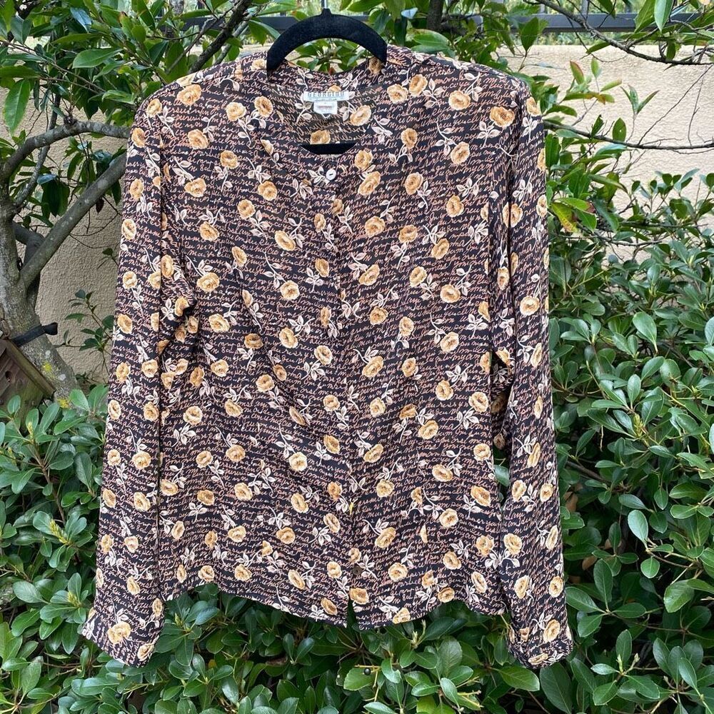 Georgiou Women's Black Tan Floral Print Long Sleeve Button Down Blouse Size 6. E